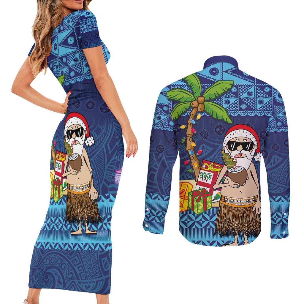 The Funny Santa Wears Sulu Christmas Couples Matching Short Sleeve Bodycon Dress and Long Sleeve Button Shirt Fijian Christmas Palm Tree With Masi Art Tattoo LT03 - Polynesian Pride