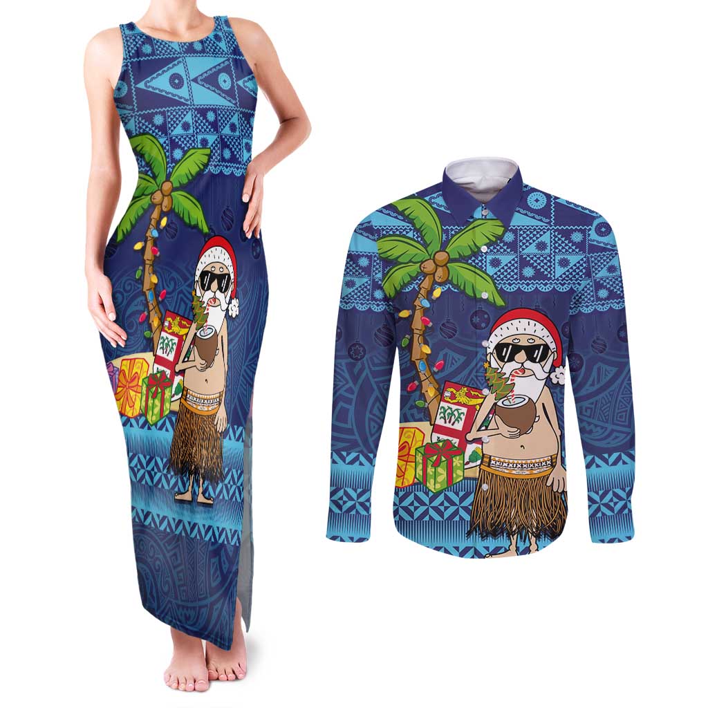 The Funny Santa Wears Sulu Christmas Couples Matching Tank Maxi Dress and Long Sleeve Button Shirt Fijian Christmas Palm Tree With Masi Art Tattoo LT03 Blue - Polynesian Pride