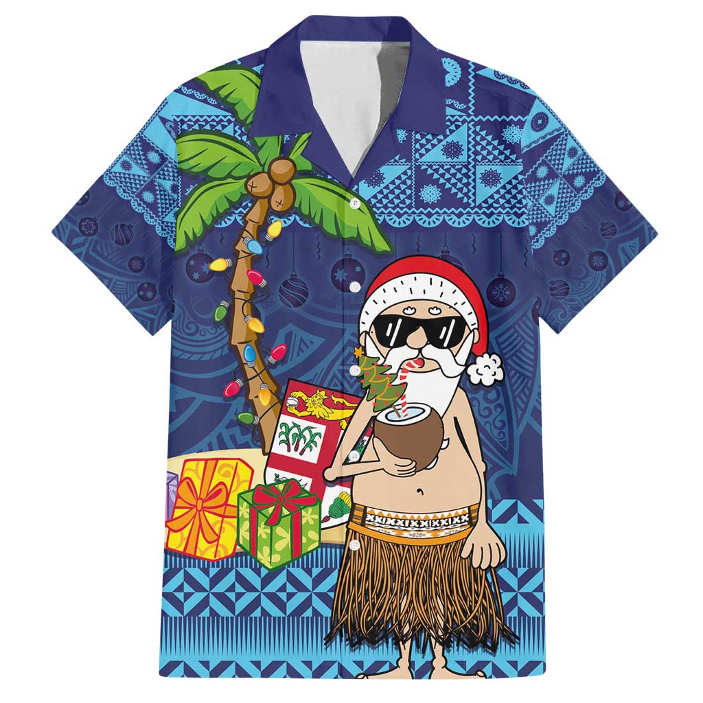 The Funny Santa Wears Sulu Christmas Family Matching Puletasi and Hawaiian Shirt Fijian Christmas Palm Tree With Masi Art Tattoo LT03 Dad's Shirt - Short Sleeve Blue - Polynesian Pride