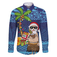 The Funny Santa Wears Sulu Christmas Family Matching Puletasi and Hawaiian Shirt Fijian Christmas Palm Tree With Masi Art Tattoo LT03 Dad's Shirt - Long Sleeve Blue - Polynesian Pride