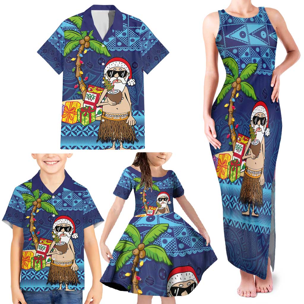 The Funny Santa Wears Sulu Christmas Family Matching Tank Maxi Dress and Hawaiian Shirt Fijian Christmas Palm Tree With Masi Art Tattoo