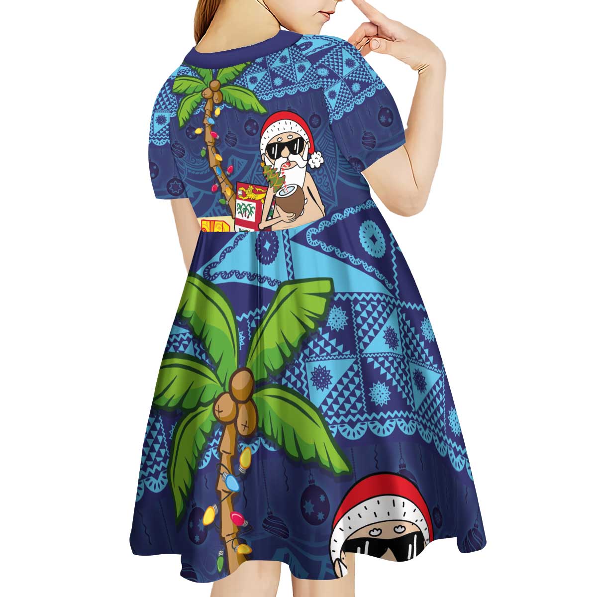 The Funny Santa Wears Sulu Christmas Kid Short Sleeve Dress Fijian Christmas Palm Tree With Masi Art Tattoo