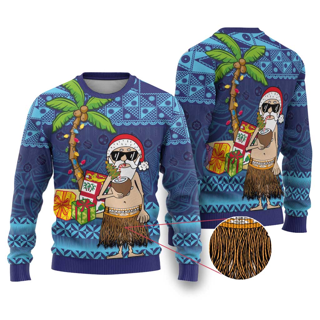The Funny Santa Wears Sulu Christmas Ugly Christmas Sweater Fijian Christmas Palm Tree With Masi Art Tattoo LT03 Blue - Polynesian Pride