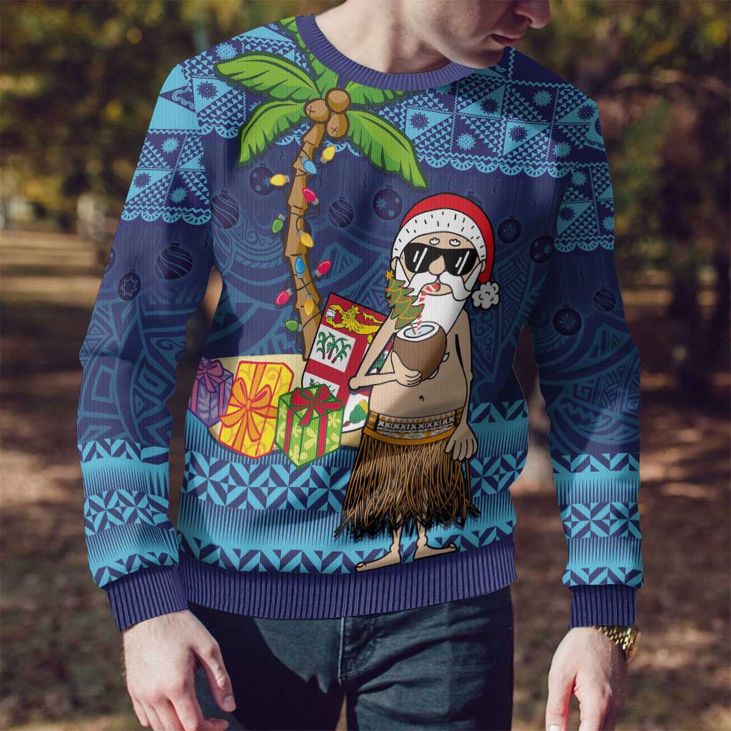 The Funny Santa Wears Sulu Christmas Ugly Christmas Sweater Fijian Christmas Palm Tree With Masi Art Tattoo LT03 - Polynesian Pride