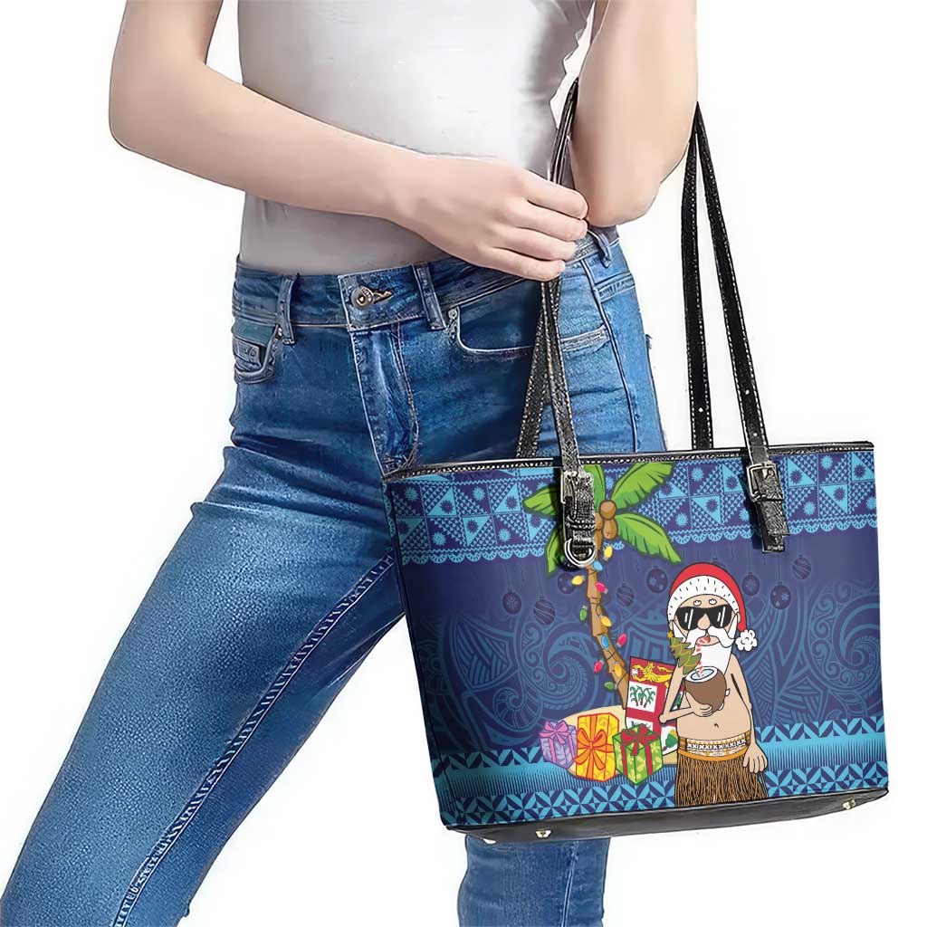 The Funny Santa Wears Sulu Christmas Leather Tote Bag Fijian Christmas Palm Tree With Masi Art Tattoo LT03 - Polynesian Pride