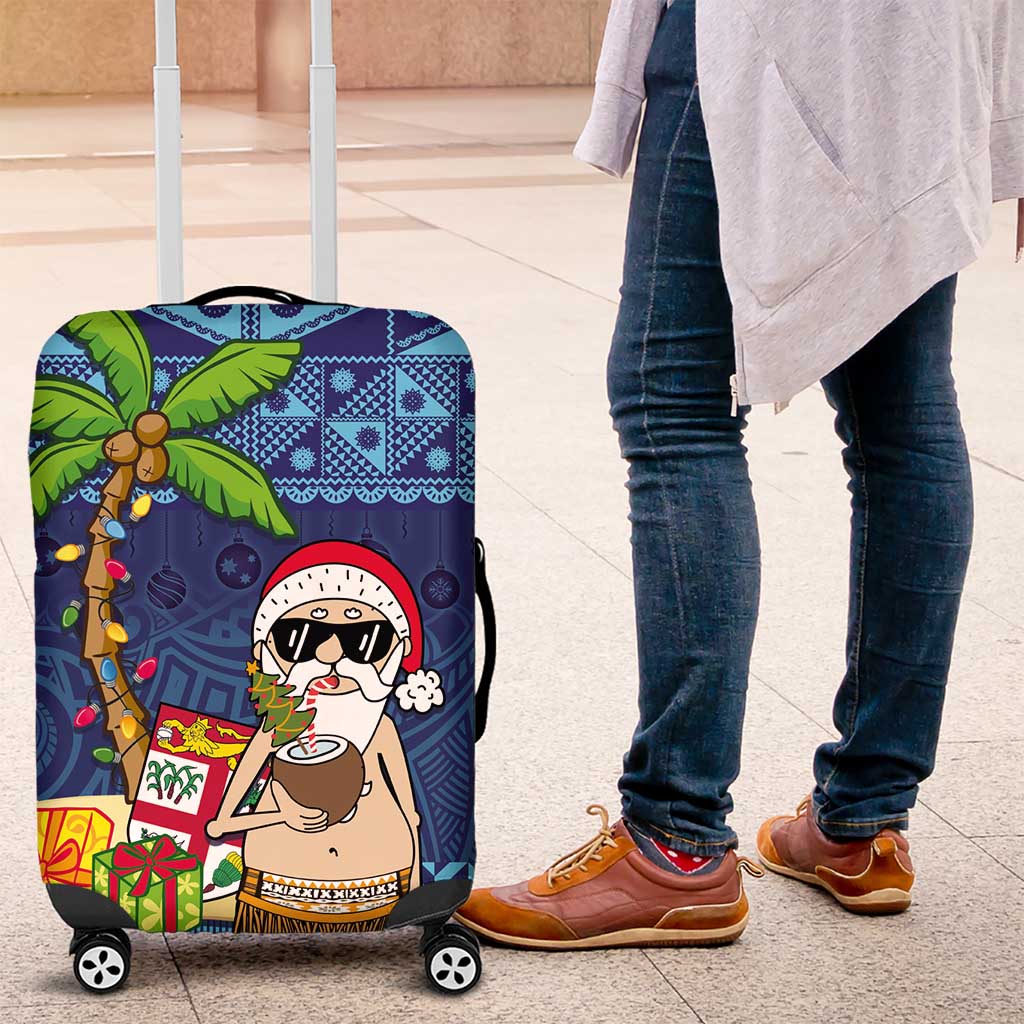 The Funny Santa Wears Sulu Christmas Luggage Cover Fijian Christmas Palm Tree With Masi Art Tattoo LT03 Blue - Polynesian Pride
