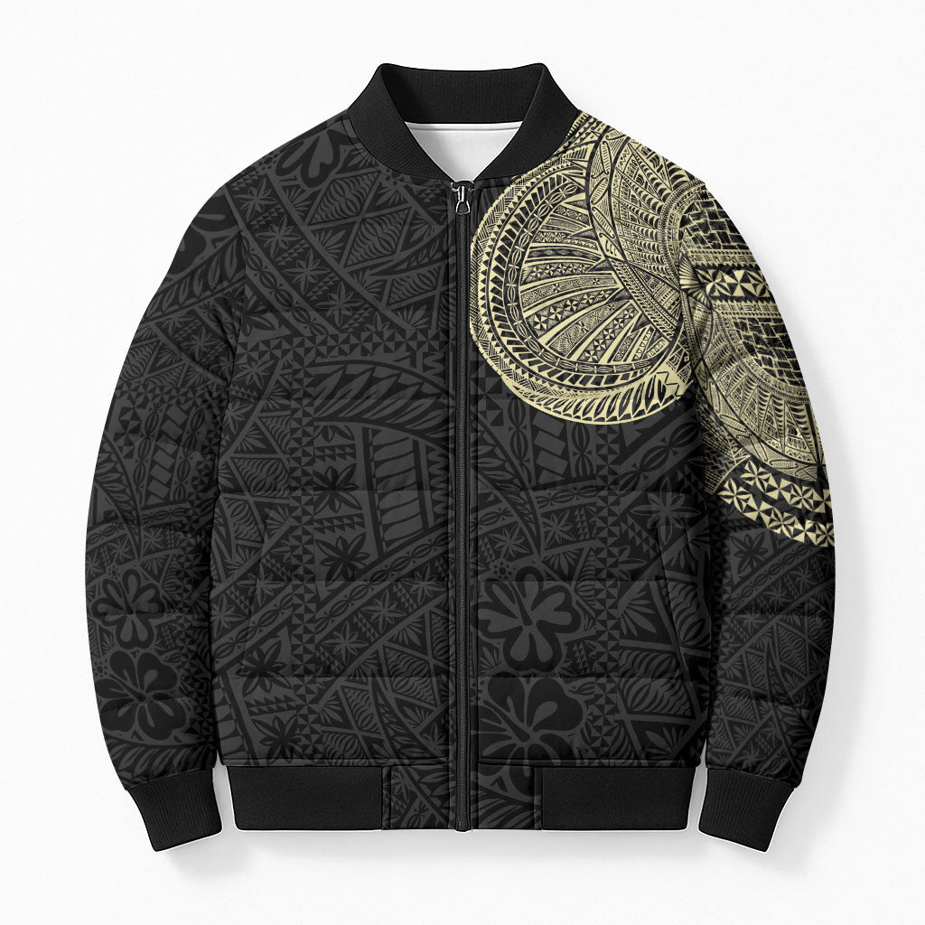Tongan Ngatu Tribal Tattoo Bomber Puffer Jacket Chest-to-Arm Sleeve Style Gold and Black