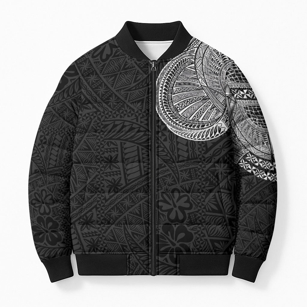 Tongan Ngatu Tribal Tattoo Bomber Puffer Jacket Chest-to-Arm Sleeve Style Black