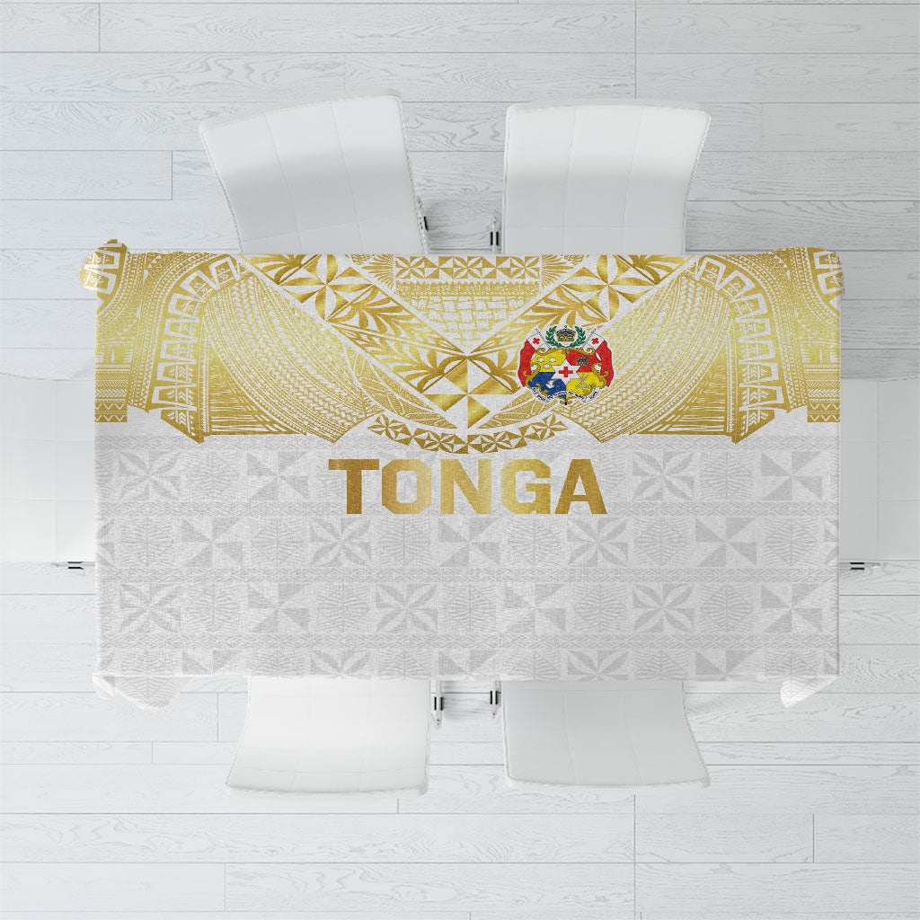 Tongan Ngatu Tribal Tattoo Tablecloth with Coat of Arms and Pacific Pattern Gold Version