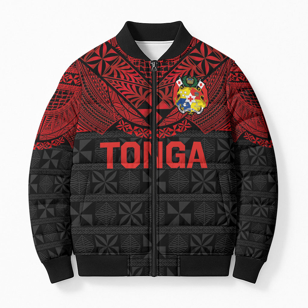 Tongan Ngatu Tribal Tattoo Bomber Puffer Jacket with Coat of Arms and Pacific Pattern Red Color