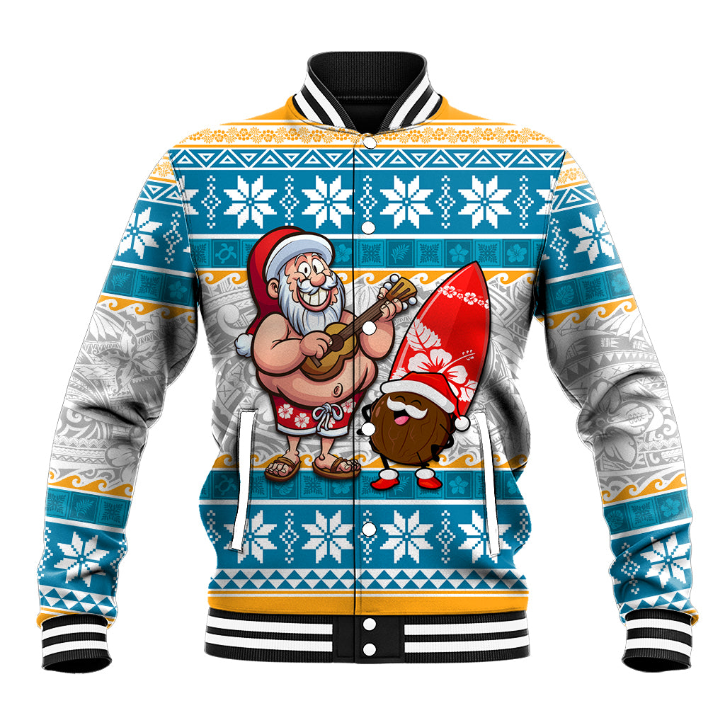 Hawaii Mele Kalikimaka Baseball Jacket Funny Santa and Coconut Mix Kakau Pattern LT03 Unisex Blue - Polynesian Pride