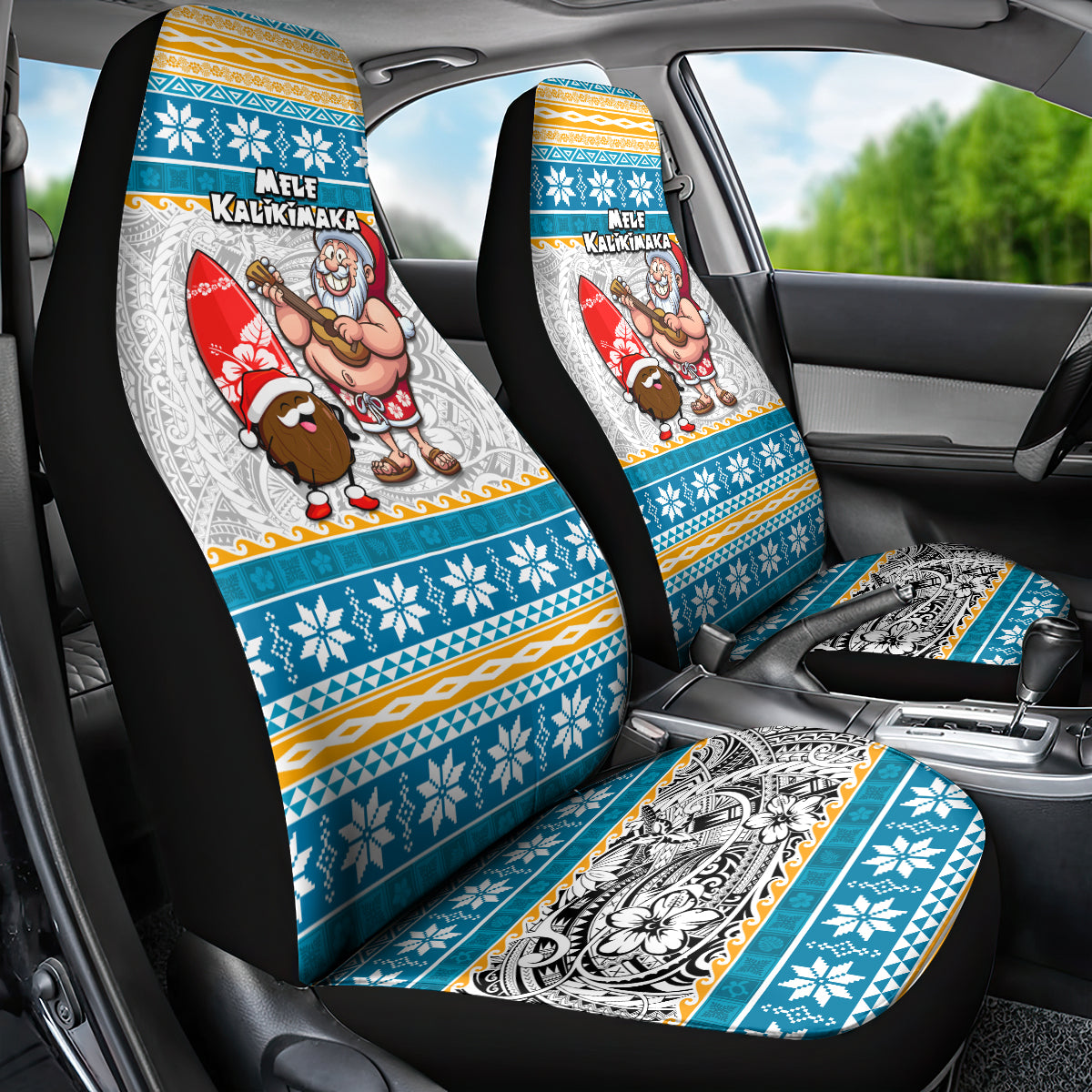 Hawaii Mele Kalikimaka Car Seat Cover Funny Santa and Coconut Mix Kakau Pattern LT03 - Polynesian Pride