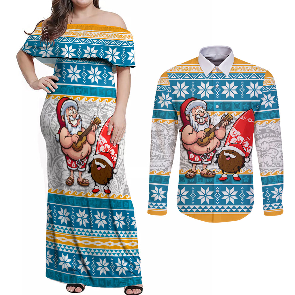 Hawaii Mele Kalikimaka Couples Matching Off Shoulder Maxi Dress and Long Sleeve Button Shirt Funny Santa and Coconut Mix Kakau Pattern LT03 Blue - Polynesian Pride