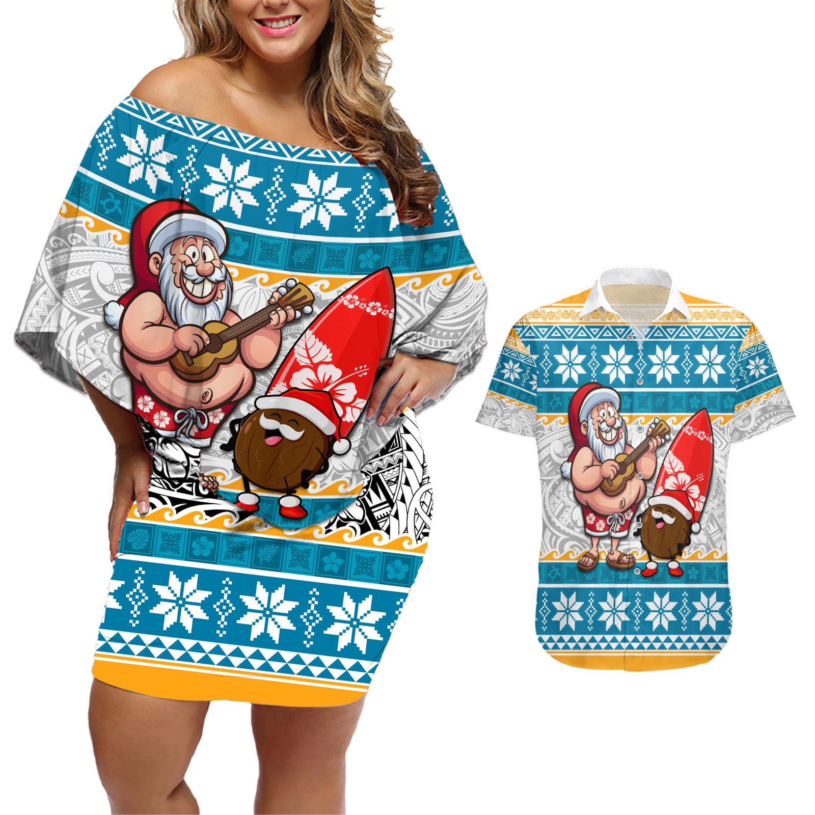 Hawaii Mele Kalikimaka Couples Matching Off Shoulder Short Dress and Hawaiian Shirt Funny Santa and Coconut Mix Kakau Pattern LT03 Blue - Polynesian Pride