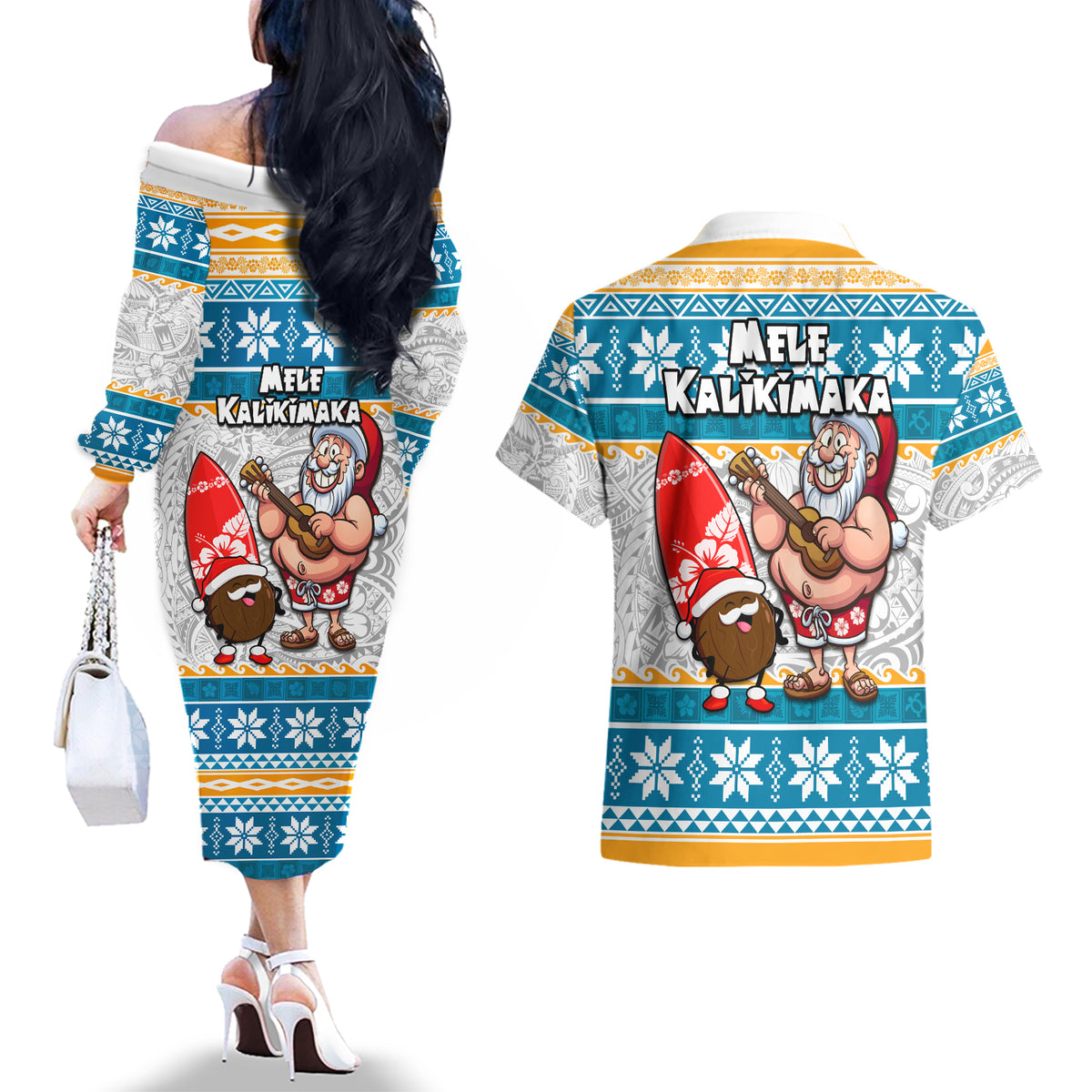 Hawaii Mele Kalikimaka Couples Matching Off The Shoulder Long Sleeve Dress and Hawaiian Shirt Funny Santa and Coconut Mix Kakau Pattern LT03 - Polynesian Pride
