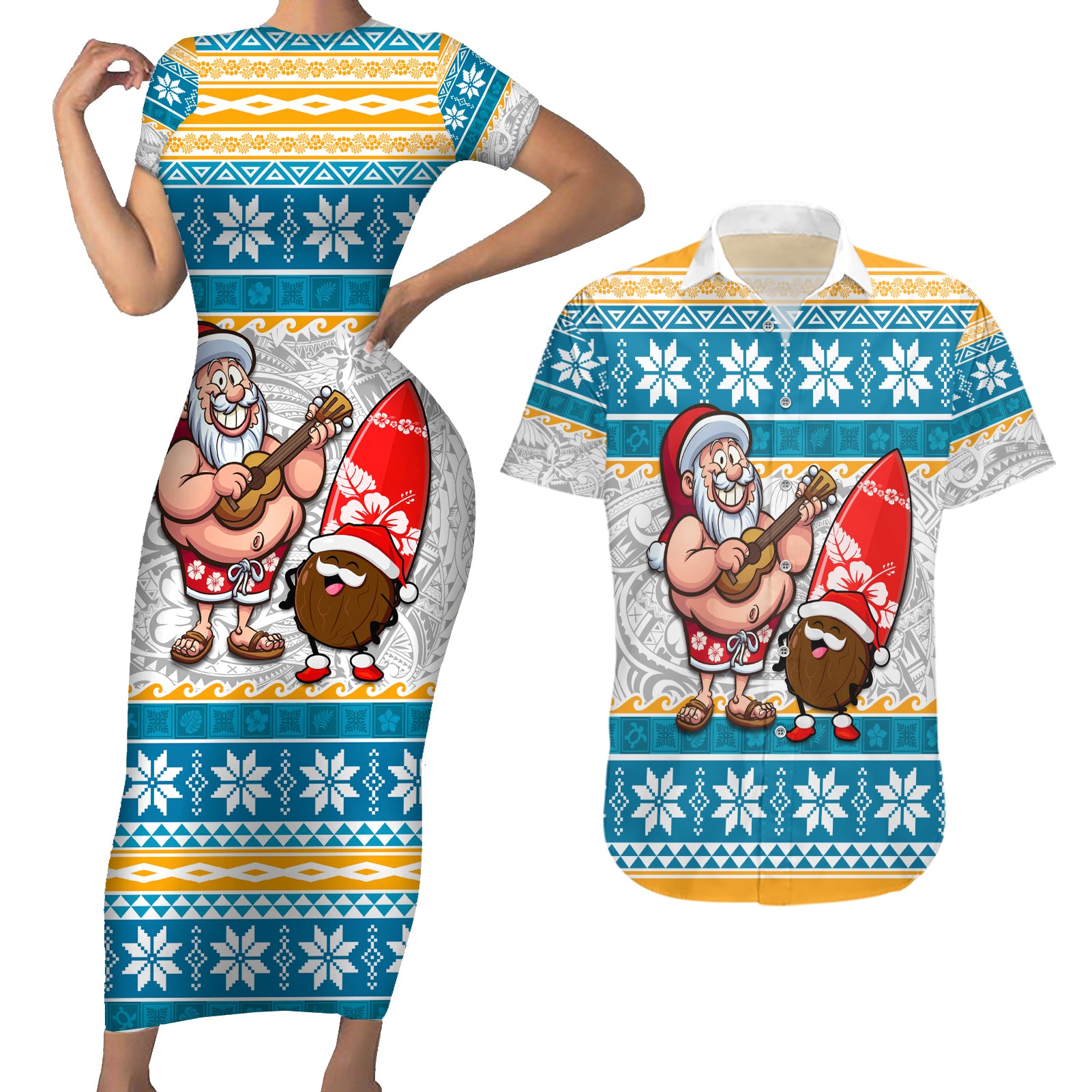 Hawaii Mele Kalikimaka Couples Matching Short Sleeve Bodycon Dress and Hawaiian Shirt Funny Santa and Coconut Mix Kakau Pattern LT03 Blue - Polynesian Pride