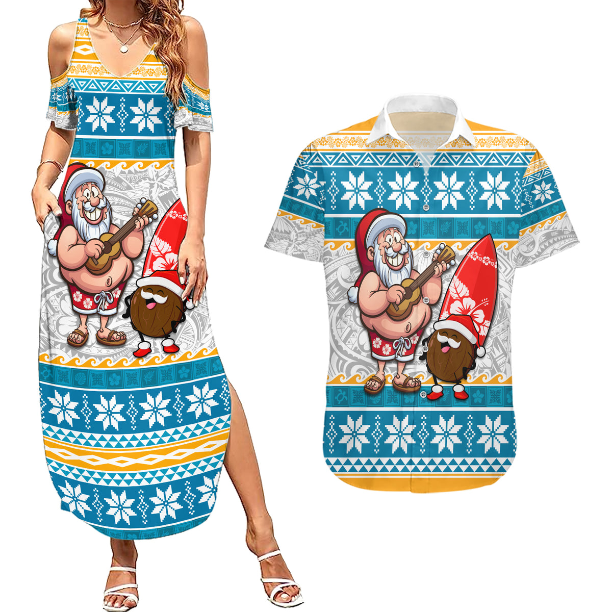 Hawaii Mele Kalikimaka Couples Matching Summer Maxi Dress and Hawaiian Shirt Funny Santa and Coconut Mix Kakau Pattern LT03 Blue - Polynesian Pride