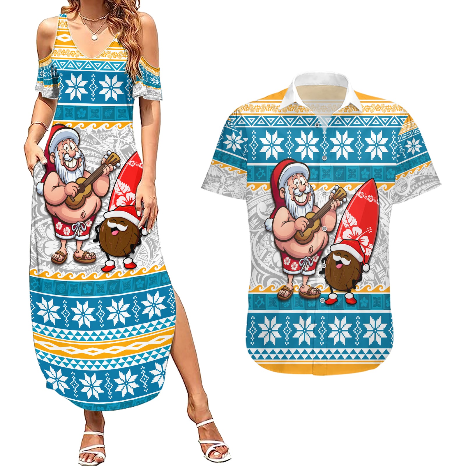 Hawaii Mele Kalikimaka Couples Matching Summer Maxi Dress and Hawaiian Shirt Funny Santa and Coconut Mix Kakau Pattern LT03 Blue - Polynesian Pride