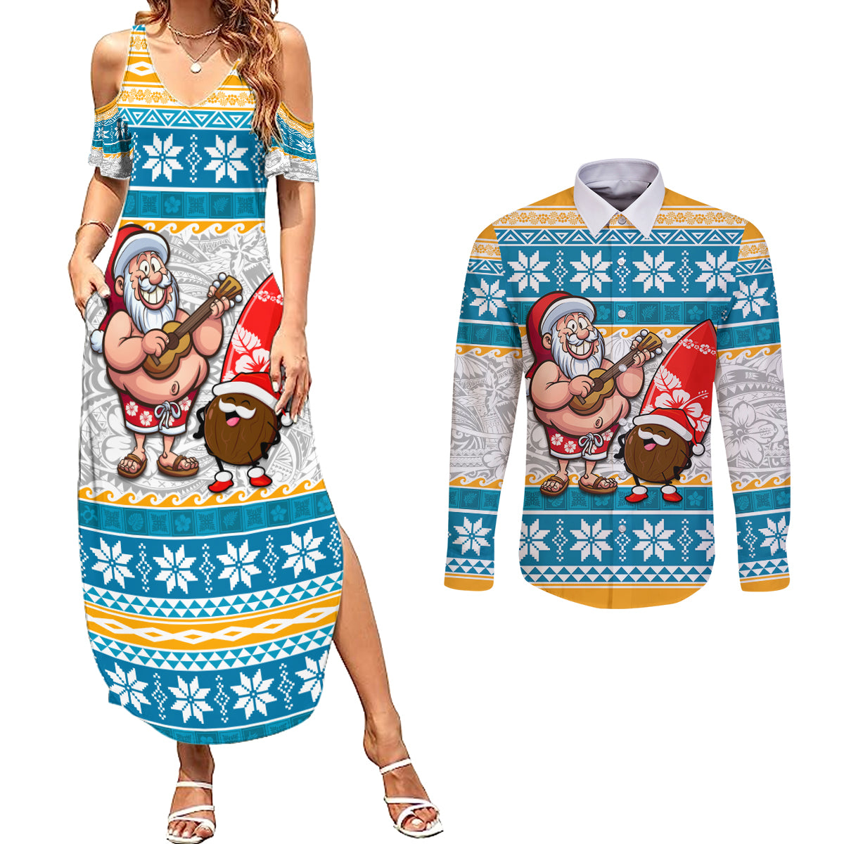 Hawaii Mele Kalikimaka Couples Matching Summer Maxi Dress and Long Sleeve Button Shirt Funny Santa and Coconut Mix Kakau Pattern LT03 Blue - Polynesian Pride
