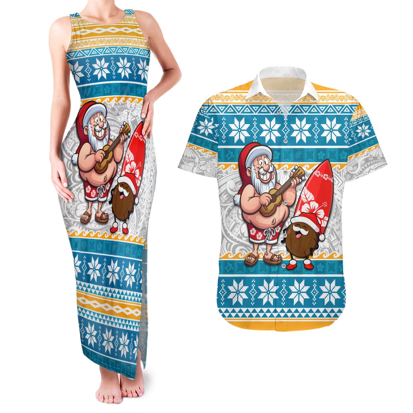 Hawaii Mele Kalikimaka Couples Matching Tank Maxi Dress and Hawaiian Shirt Funny Santa and Coconut Mix Kakau Pattern LT03 Blue - Polynesian Pride