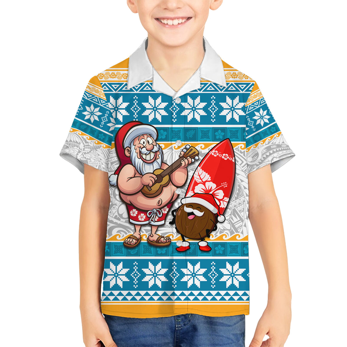Hawaii Mele Kalikimaka Family Matching Puletasi Dress and Hawaiian Shirt Funny Santa and Coconut Mix Kakau Pattern LT03 Son's Shirt Blue - Polynesian Pride