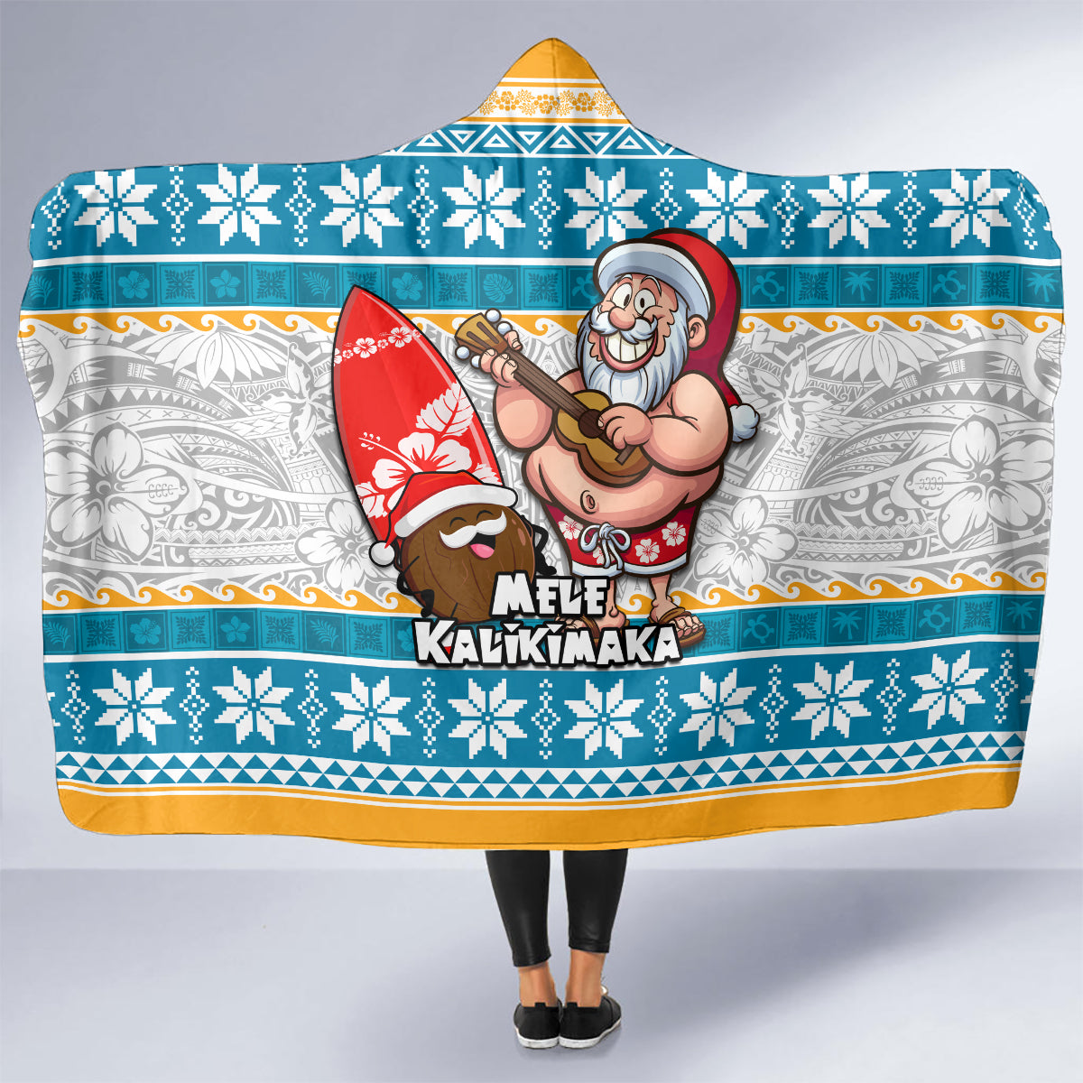 Hawaii Mele Kalikimaka Hooded Blanket Funny Santa and Coconut Mix Kakau Pattern LT03 - Polynesian Pride
