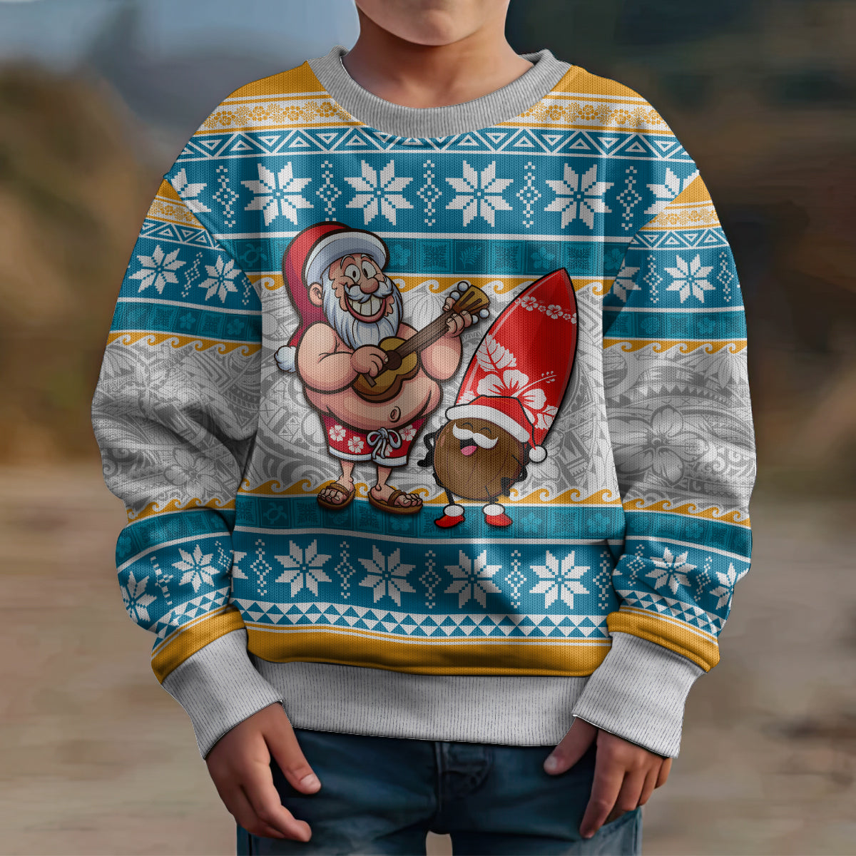 Hawaii Mele Kalikimaka Kid Ugly Christmas Sweater Funny Santa and Coconut Mix Kakau Pattern LT03 - Polynesian Pride