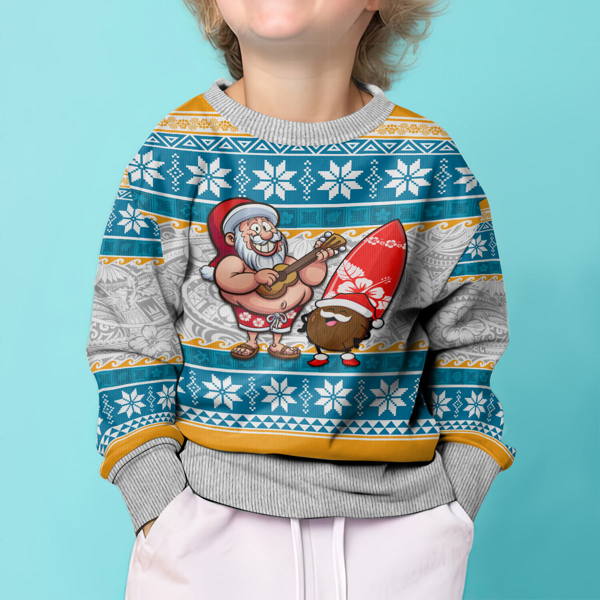 Hawaii Mele Kalikimaka Kid Ugly Christmas Sweater Funny Santa and Coconut Mix Kakau Pattern LT03 - Polynesian Pride