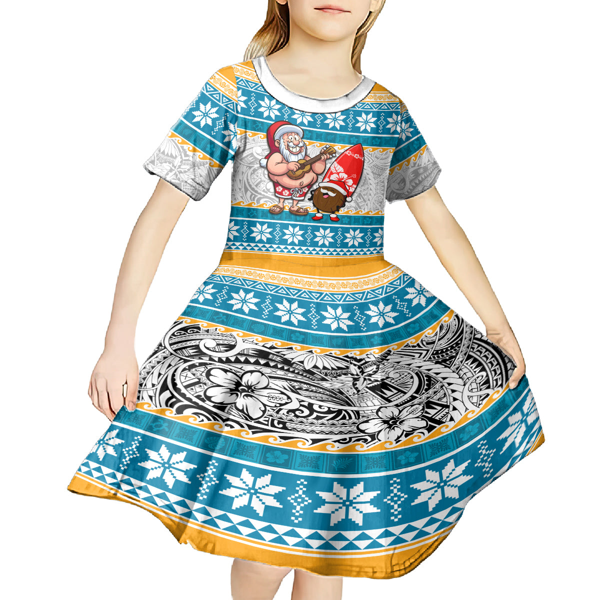 Hawaii Mele Kalikimaka Kid Short Sleeve Dress Funny Santa and Coconut Mix Kakau Pattern LT03 - Polynesian Pride