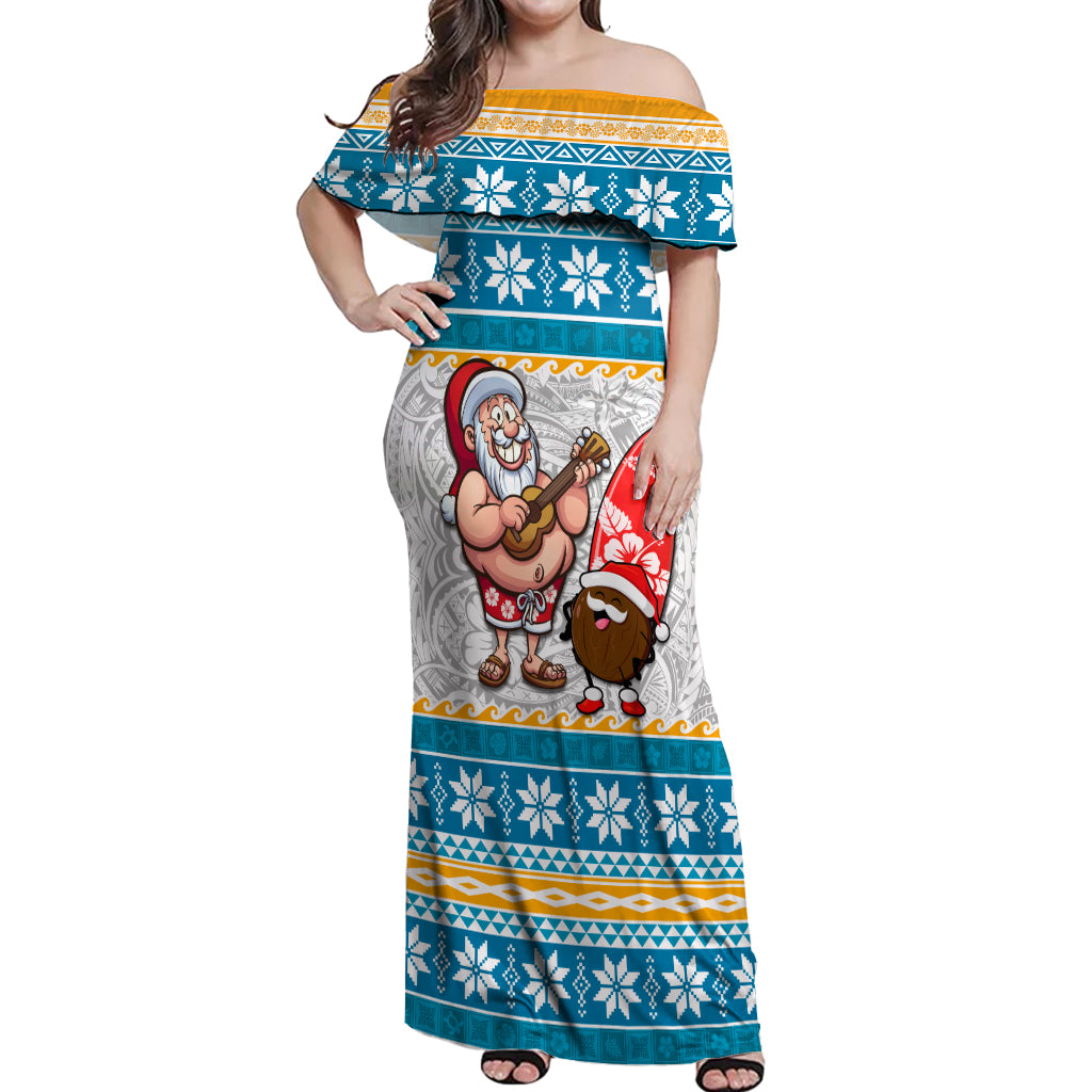 Hawaii Mele Kalikimaka Off Shoulder Maxi Dress Funny Santa and Coconut Mix Kakau Pattern LT03 Women Blue - Polynesian Pride