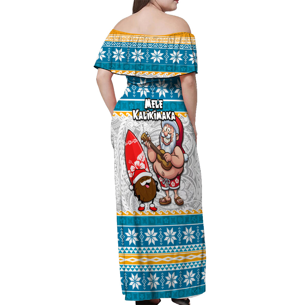 Hawaii Mele Kalikimaka Off Shoulder Maxi Dress Funny Santa and Coconut Mix Kakau Pattern LT03 - Polynesian Pride