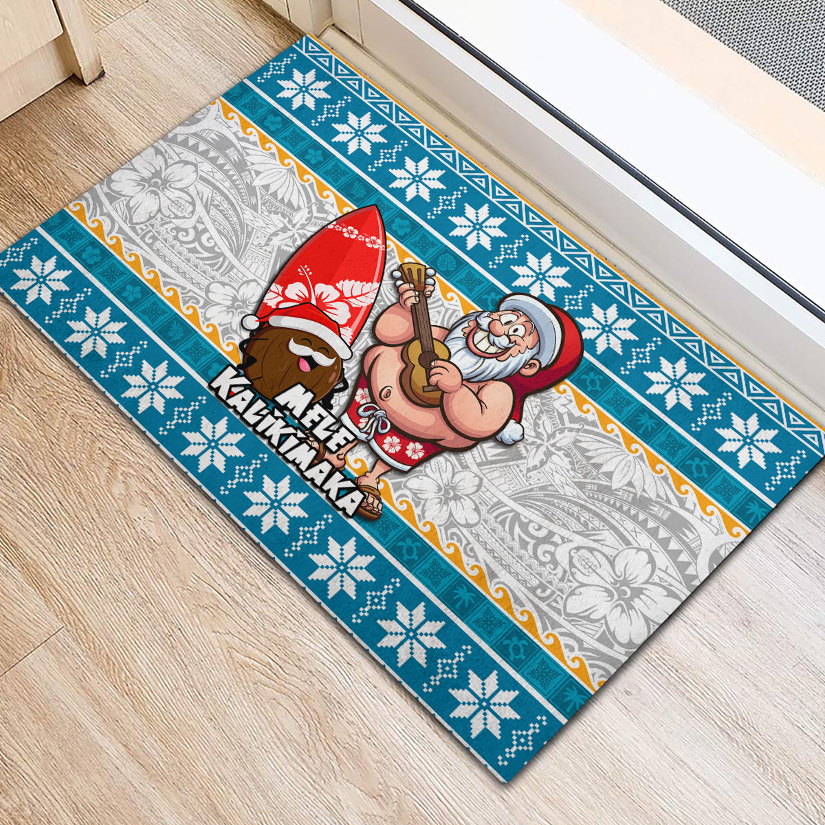 Hawaii Mele Kalikimaka Rubber Doormat Funny Santa and Coconut Mix Kakau Pattern LT03 - Polynesian Pride
