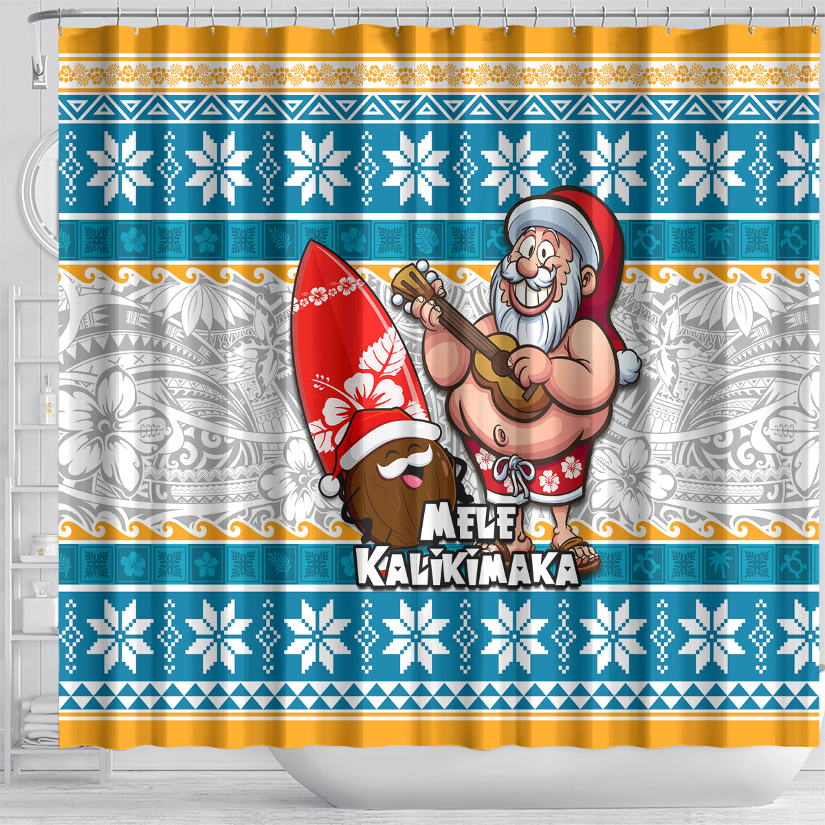 Hawaii Mele Kalikimaka Shower Curtain Funny Santa and Coconut Mix Kakau Pattern LT03 - Polynesian Pride