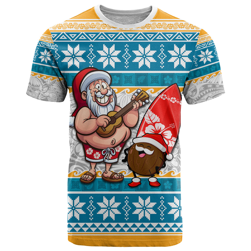 Hawaii Mele Kalikimaka T Shirt Funny Santa and Coconut Mix Kakau Pattern LT03 Blue - Polynesian Pride