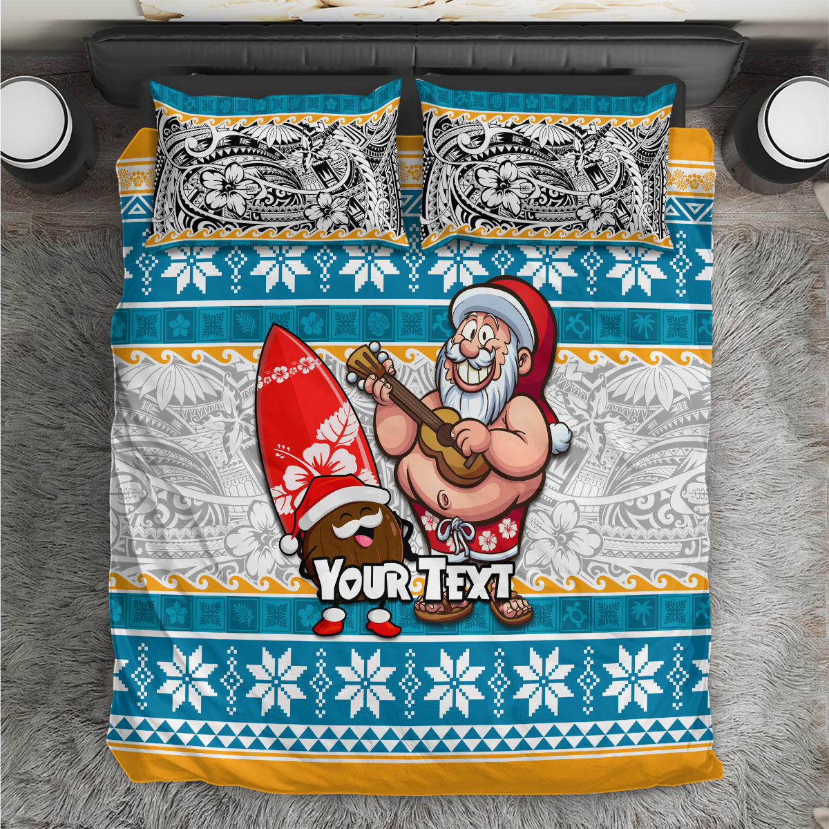 Custom Hawaii Mele Kalikimaka Bedding Set Funny Santa and Coconut Mix Kakau Pattern LT03 Blue - Polynesian Pride