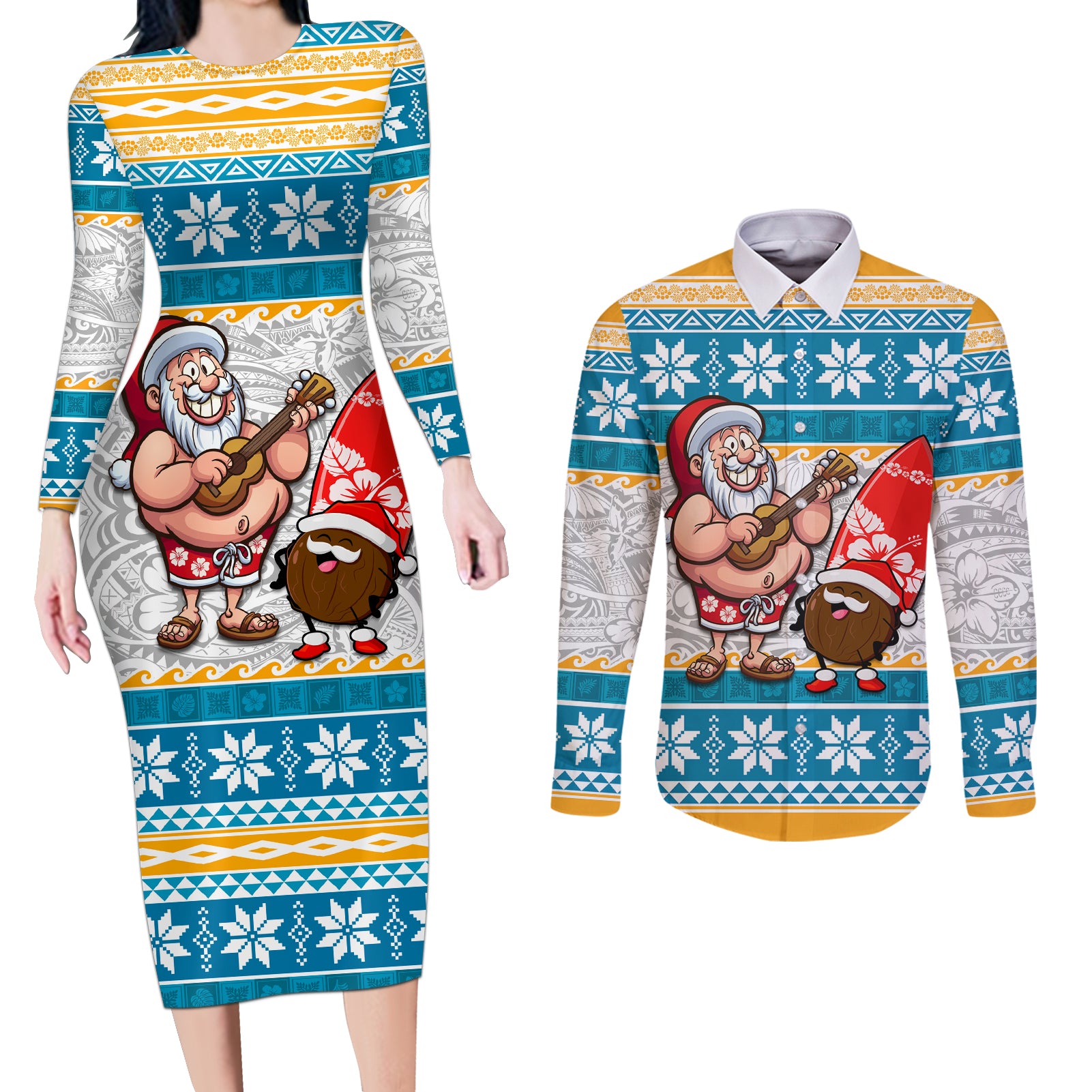 Custom Hawaii Mele Kalikimaka Couples Matching Long Sleeve Bodycon Dress and Long Sleeve Button Shirt Funny Santa and Coconut Mix Kakau Pattern LT03 Blue - Polynesian Pride