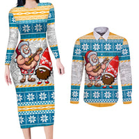Custom Hawaii Mele Kalikimaka Couples Matching Long Sleeve Bodycon Dress and Long Sleeve Button Shirt Funny Santa and Coconut Mix Kakau Pattern LT03 Blue - Polynesian Pride
