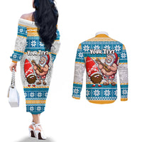 Custom Hawaii Mele Kalikimaka Couples Matching Off The Shoulder Long Sleeve Dress and Long Sleeve Button Shirt Funny Santa and Coconut Mix Kakau Pattern LT03 - Polynesian Pride