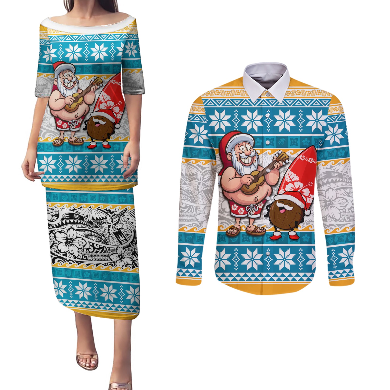 Custom Hawaii Mele Kalikimaka Couples Matching Puletasi Dress and Long Sleeve Button Shirt Funny Santa and Coconut Mix Kakau Pattern LT03 Blue - Polynesian Pride