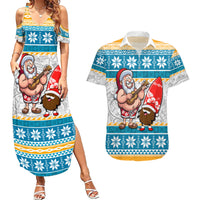 Custom Hawaii Mele Kalikimaka Couples Matching Summer Maxi Dress and Hawaiian Shirt Funny Santa and Coconut Mix Kakau Pattern LT03 Blue - Polynesian Pride