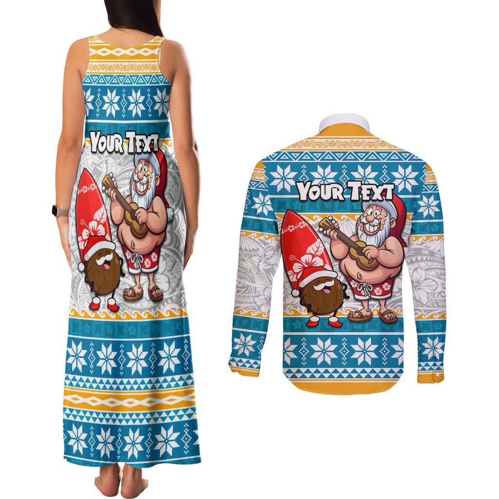 Custom Hawaii Mele Kalikimaka Couples Matching Tank Maxi Dress and Long Sleeve Button Shirt Funny Santa and Coconut Mix Kakau Pattern LT03 - Polynesian Pride