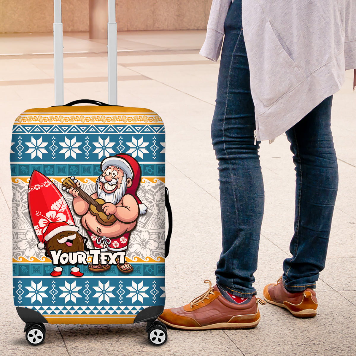 Custom Hawaii Mele Kalikimaka Luggage Cover Funny Santa and Coconut Mix Kakau Pattern LT03 Blue - Polynesian Pride