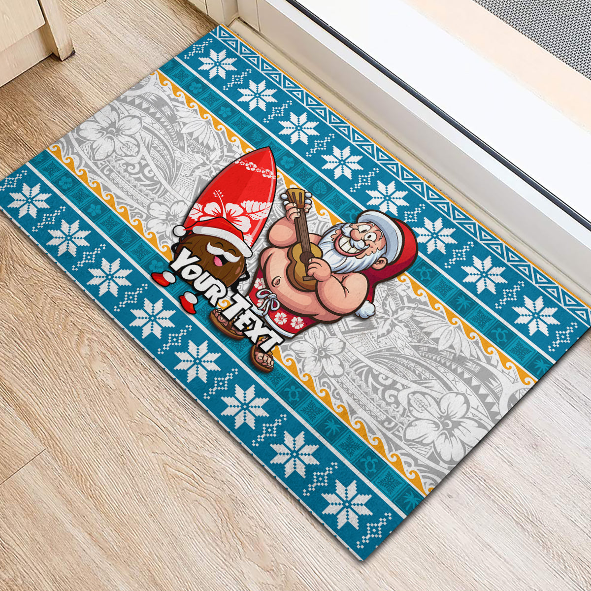 Custom Hawaii Mele Kalikimaka Rubber Doormat Funny Santa and Coconut Mix Kakau Pattern LT03 - Polynesian Pride