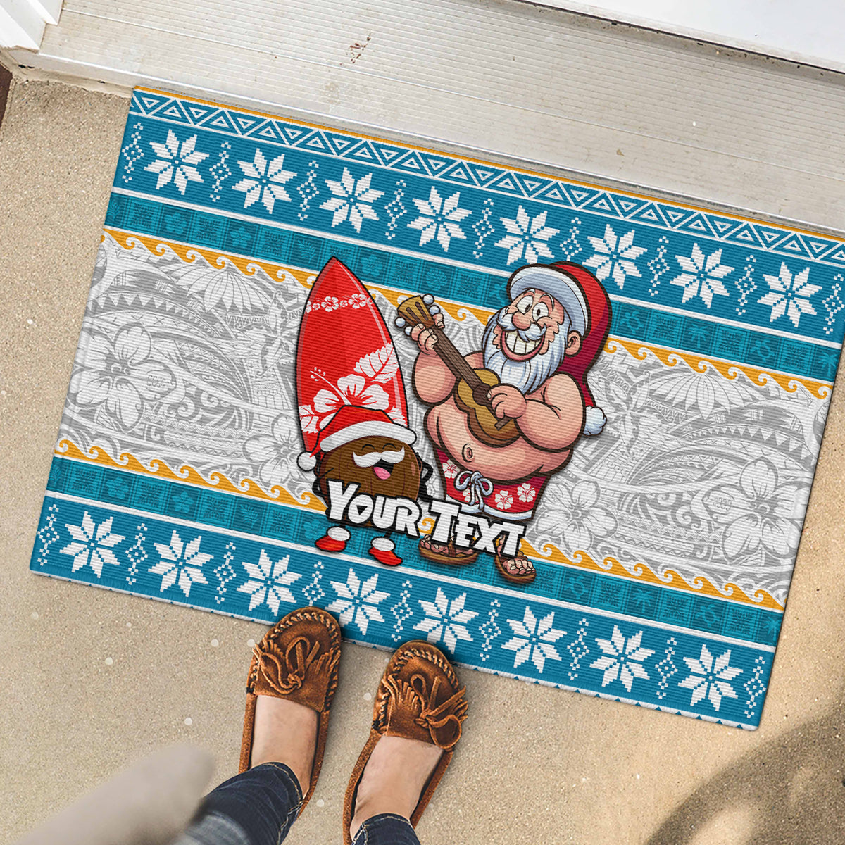 Custom Hawaii Mele Kalikimaka Rubber Doormat Funny Santa and Coconut Mix Kakau Pattern LT03 - Polynesian Pride