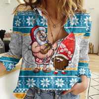Custom Hawaii Mele Kalikimaka Women Casual Shirt Funny Santa and Coconut Mix Kakau Pattern LT03 Female Blue - Polynesian Pride