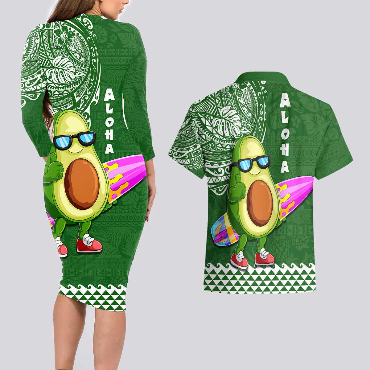 Hawaii Couples Matching Long Sleeve Bodycon Dress and Hawaiian Shirt Aloha Funny Avocado Mix Kakau Hawaiian Tribal LT03 - Polynesian Pride