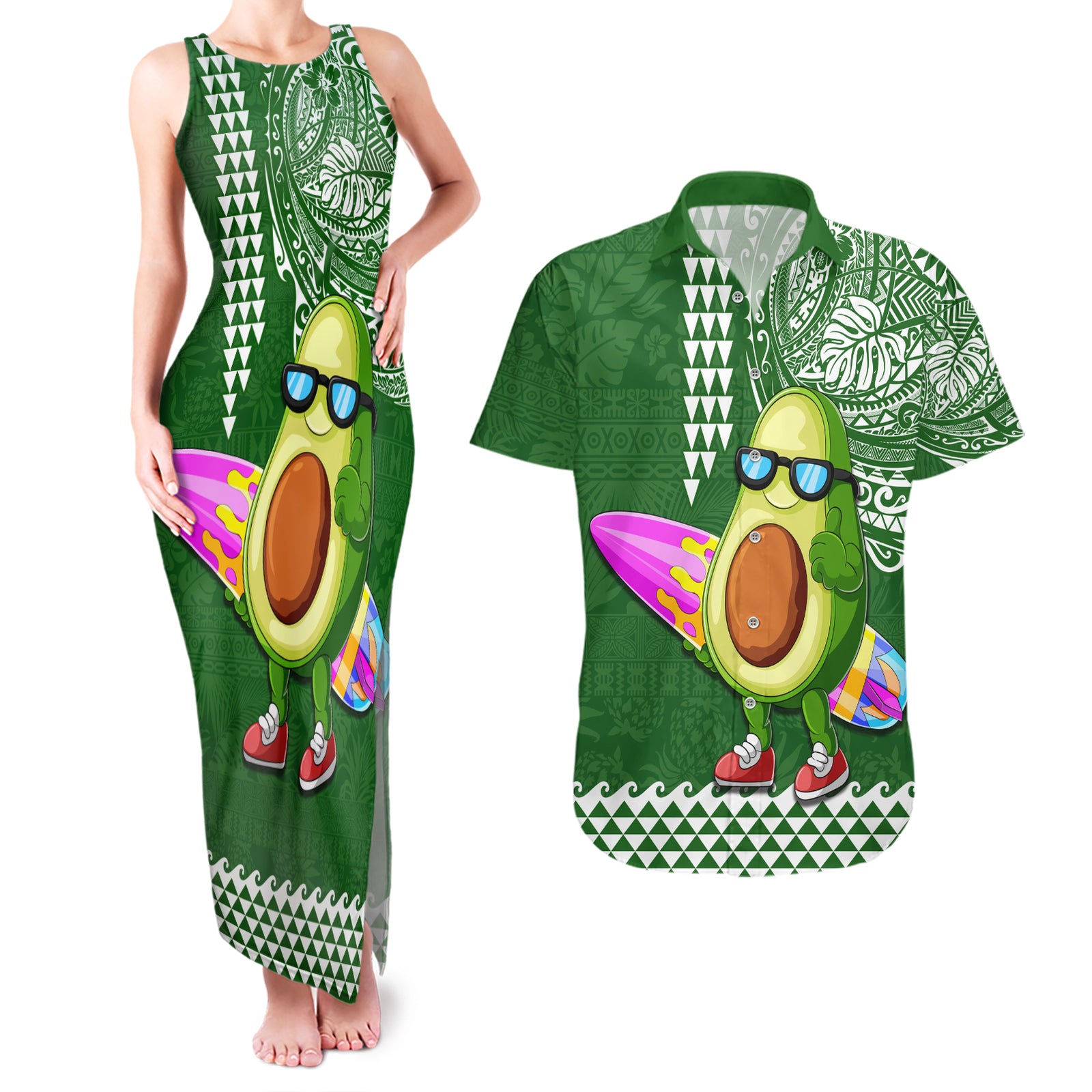 Hawaii Couples Matching Tank Maxi Dress and Hawaiian Shirt Aloha Funny Avocado Mix Kakau Hawaiian Tribal LT03 Green - Polynesian Pride