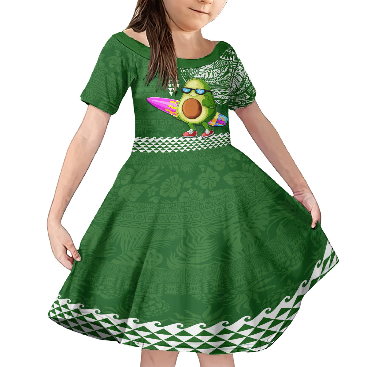 Hawaii Family Matching Off Shoulder Maxi Dress and Hawaiian Shirt Aloha Funny Avocado Mix Kakau Hawaiian Tribal LT03 Daughter's Dress Green - Polynesian Pride