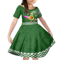 Hawaii Family Matching Off Shoulder Maxi Dress and Hawaiian Shirt Aloha Funny Avocado Mix Kakau Hawaiian Tribal LT03 Daughter's Dress Green - Polynesian Pride