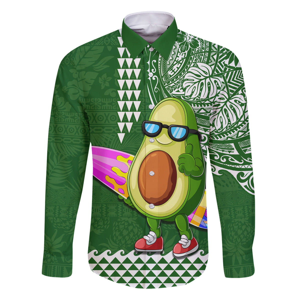 Hawaii Family Matching Puletasi Dress and Hawaiian Shirt Aloha Funny Avocado Mix Kakau Hawaiian Tribal LT03 Dad's Shirt - Long Sleeve Green - Polynesian Pride